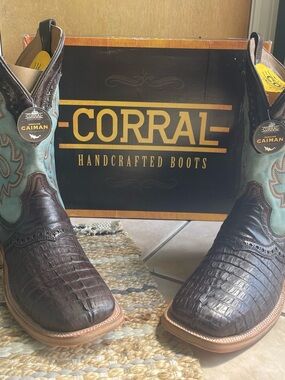 Corral Brown & Teal Caiman Leather Western Boots Men’s 13